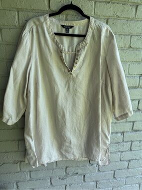 Ellen Tracy Cream V-Neck Gold grommets accent Sz 3X linen